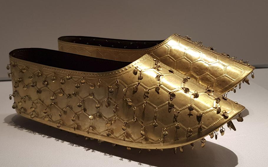 Elaborately embroidered shoes from a Korean dynasty are on display at the Tokyo National Museum in Ueno.