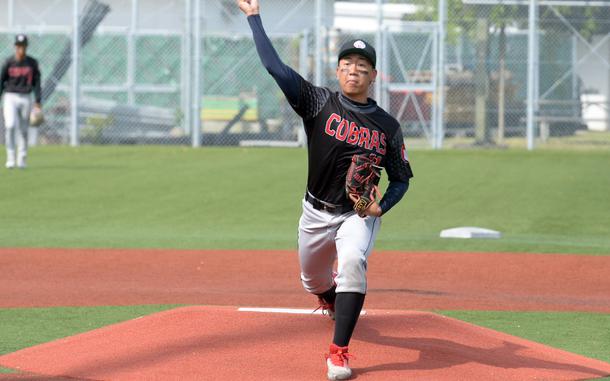 King right-hander Neo Purificacion delivers en route to a 5-3 no-hit victory over Perry, the 15th no-hitter pitched in the Pacific this season.