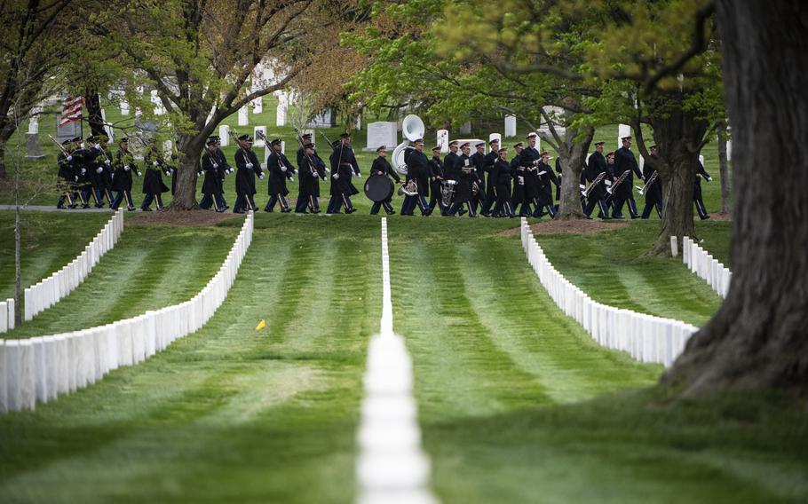 Soldiers from the 3d U.S. Infantry Regiment (The Old Guard) and the U.S. Army Band, “Pershing’s Own”, conduct military funeral honors with funeral escort for U.S. Army Air Forces Sgt. Irving Newman in Section 4 of Arlington National Cemetery, Arlington, Va., Apr. 11, 2024. 