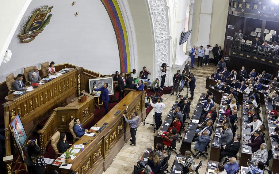 A general view of Venezuela’s National Assembly during the presentation of the new map of Venezuela with the accession of Guyana Essequiba during a session at the National Assembly in Caracas, taken on Dec. 6, 2023. Guyana and Venezuela agreed Wednesday to “keep the communication channels open” in a fast-worsening feud over a disputed, oil-rich region as Brazil reinforced troops on its northern border with the neighbors.