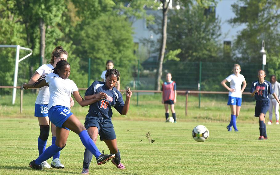 Marymount's Eunice Wambura gets off a kick before Aviano's Kayleigh Mitchell could get to her in the Saints' 6-0 victory over the Royals on Monday, May 15, 2023, in the first round of the DODEA-Europe Division II soccer championships in Baumholder, Germany.