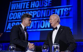 President Joe Biden, right, introduces host Colin Jost at the White House Correspondents' Association Dinner at the Washington Hilton, Saturday, April 27, 2024, in Washington.
