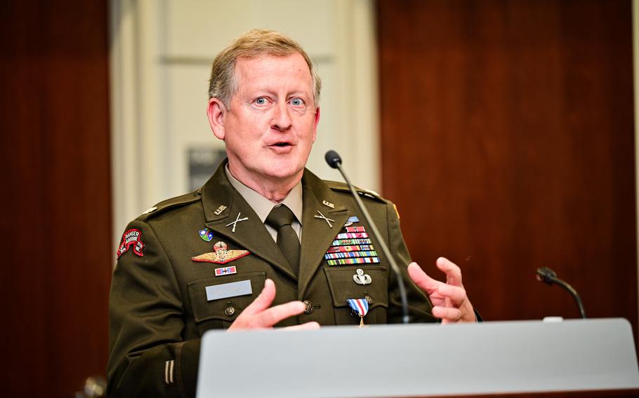 Retired Army Maj. Larry Moores addresses the audience at the Silver Star ceremony. Moores received the Silver Star Medal for valor in combat March 25, 2024, more than 30 years after his actions in the infamous 1993 Battle of Mogadishu in Somalia — the battle made famous by the 2001 film “Black Hawk Down.”