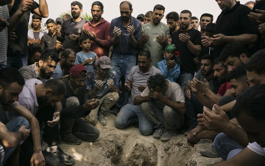 The funeral on Saturday of Bilal Saleh, a Palestinian man in the West Bank village of Sawiya who was fatally shot by a settler earlier that day while picking olives on his land.