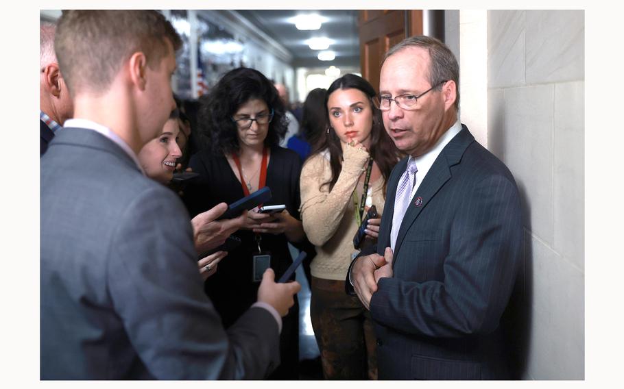 U.S. Rep. Greg Murphy, R-N.C., fields questions in a hallway of the Longworth House Office Building on Oct. 13, 2023, in Washington, D.C. According to reports on June 20, 2024, Murphy and 11 co-sponsors are pushing legislation to help speed up the legal process for victims filing lawsuits over contaminated water at Marine Corps Base Camp Lejeune.