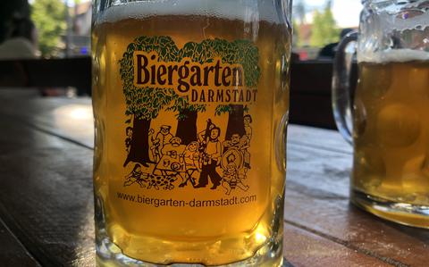 Most of he beer served at the Biergarten in Darmstadt, Germany, is brewed by two local breweries. Only the wheat beer is from Bavaria. Apple wine is also a popular drink here, but also they offer a wide range of non-alcoholic beverages, too.