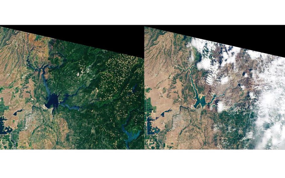 NASA satellite image of Lake Oroville 2019, left, and 2021. 