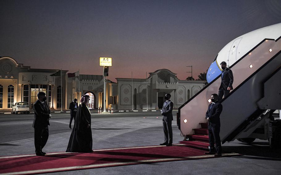 US Secretary of State Antony Blinken, right, arrives at Old Doha Airport in Qatar's capital Monday, Sept. 6, 2021. 