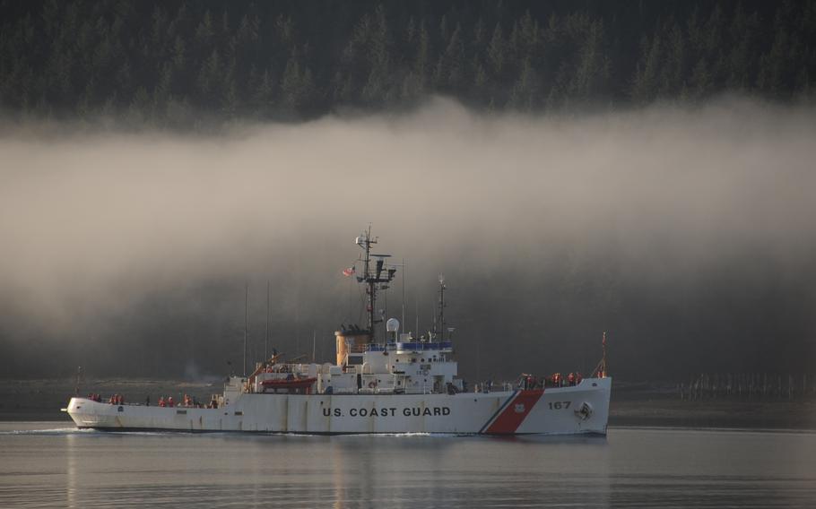 The Coast Guard Cutter Acushnet arrives in Juneau, Alaska, for a port visit in February 2010. Acushnet was originally commissioned as a Diver Class Fleet Rescue and Salvage Vessel, USS Shackle, for the Navy on Feb. 5, 1944.  In August 1946, Acushnet was commissioned as an Auxiliary Tug (WAT) in the Coast Guard.  