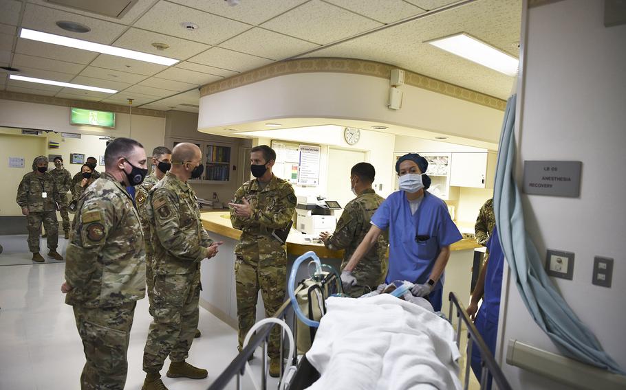 Capt. Jennifer Fielding, a nurse anesthetist, pushes a simulated patient to the surgical theater during a trauma care execise at Misawa Air Base, Japan, on May 20, 2021.