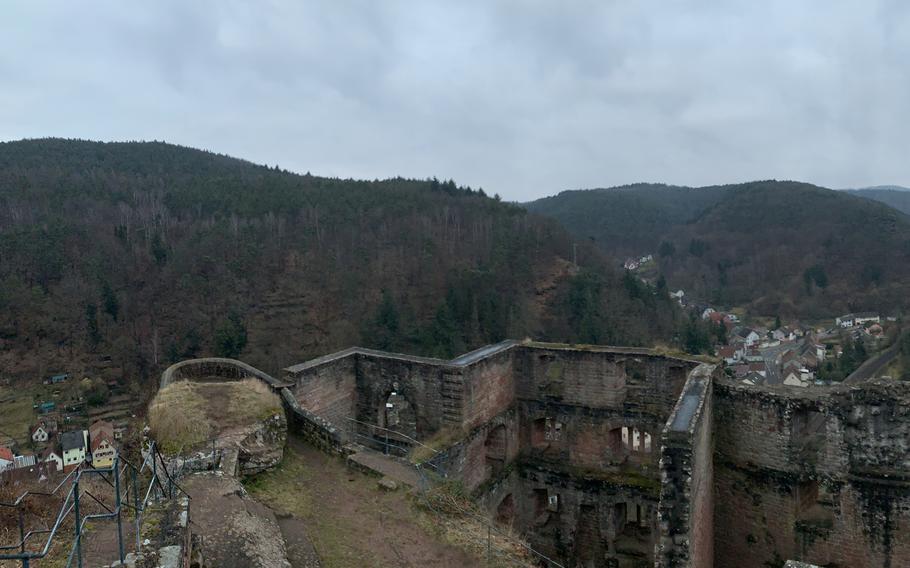 The Frankenstien Castle ruins offer views of the town in the valley below and the surrounding Palatinate Forest, one of the largest contiguous forests in Europe, just a few minutes east of Kaiserslautern, Sunday, Jan. 23, 2022.