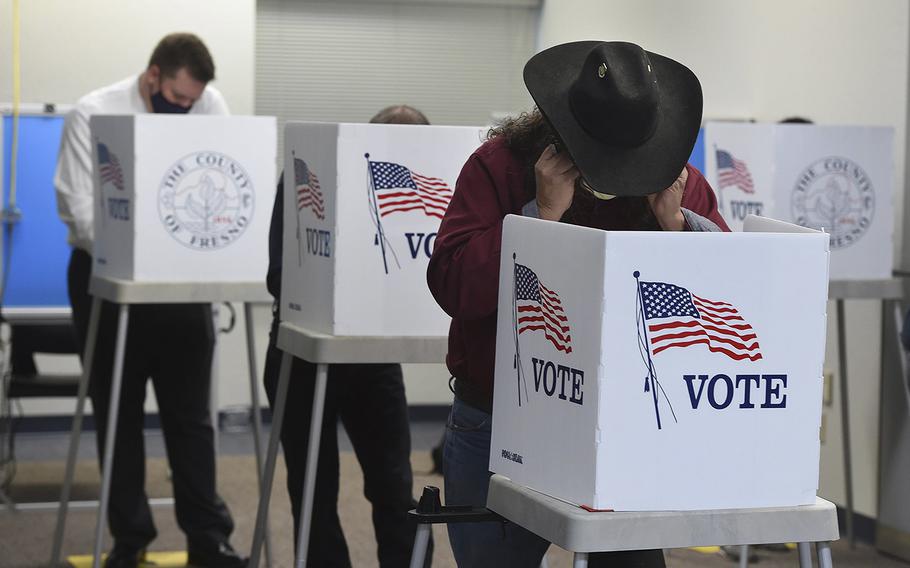 Voters cast their ballots at the Fresno County Elections Office on Kern Street on Nov. 3, 2020, in California. (John Walker/The Fresno Bee/TNS)