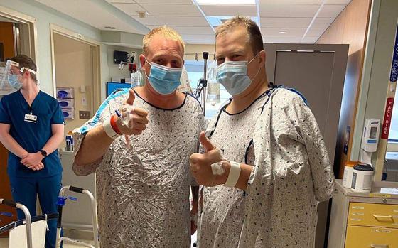 Billy Welsh, on right, and John Gladwell after their kidney transplant surgery on October 15, 2020. When Welsh announced on Facebook that he was diagnosed with polycystic kidney disease and needed a kidney transplant, Gladwell volunteered. Gladwell mentioned the unwavering brotherhood he felt with his fellow Marine Corps veteran.