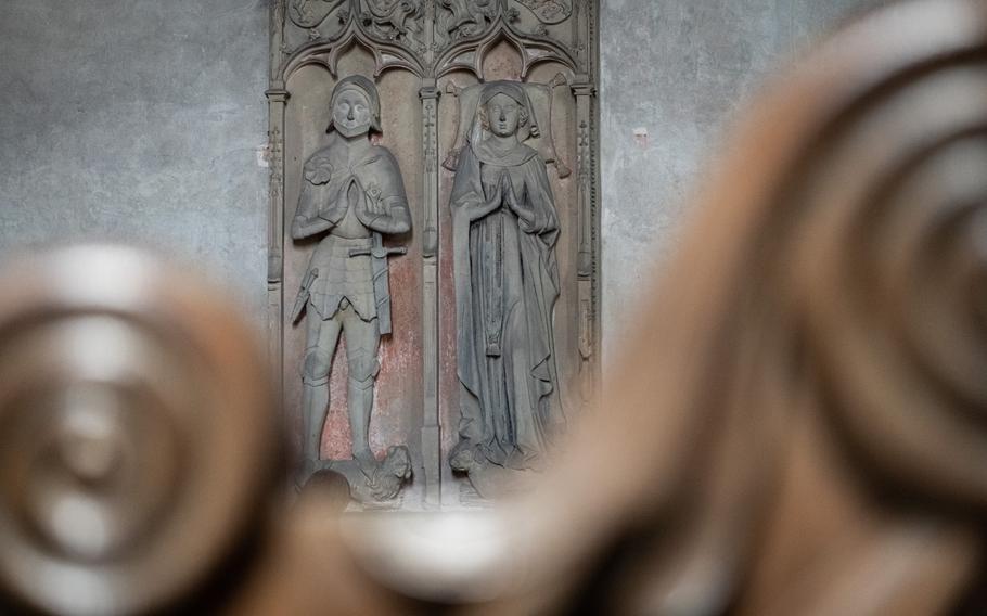 Stone carvings remain inside the Hirschhorn monastery church in Germany, similar to those described by Mark Twain in his travel novel “A Tramp Abroad.”