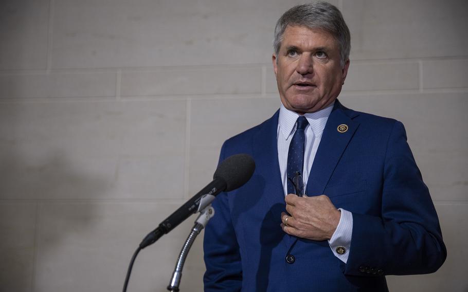 Rep. Michael McCaul, R-Texas, speaks to the media before a closed session of the House Intelligence, Foreign Affairs and Oversight committees in October 2019 at the U.S. Capitol in Washington, D.C. 