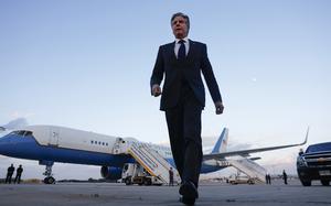 U.S. Secretary of State Antony Blinken arrives to talk to the media before departure at the Ben Gurion airport near Tel Aviv on March 22, 2024.  (Evelyn Hockstein/Pool/AFP/Getty Images/TNS)
