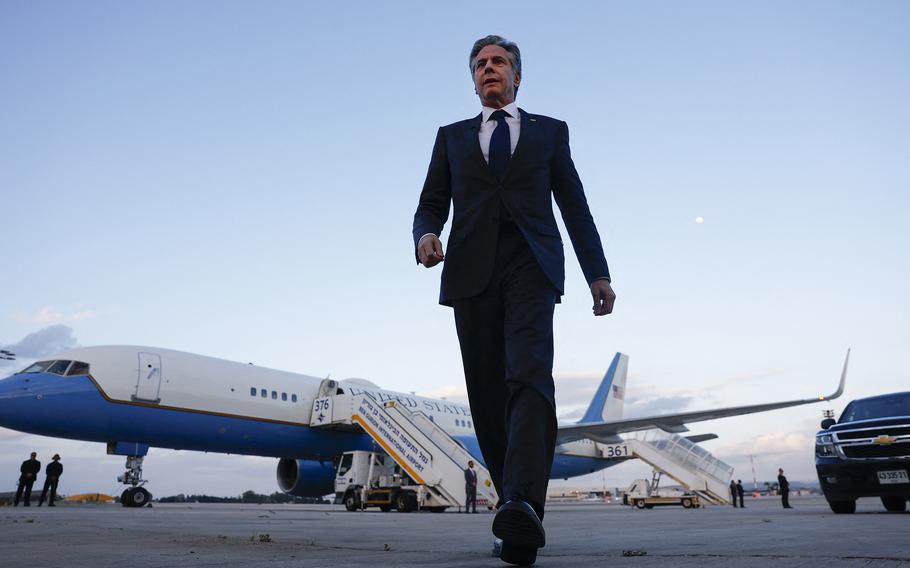 U.S. Secretary of State Antony Blinken arrives to talk to the media before departure at the Ben Gurion airport near Tel Aviv on March 22, 2024. 