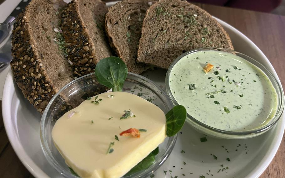 One of the starters at Mathilda in Wiesbaden, Germany, is the house bread served with butter and Frankfurter gruene sosse, or Frankfurt green sauce. It is made with borage, chervil, cress, parsley, salad burnet, sorrel, chives, hard-boiled eggs and sour cream.