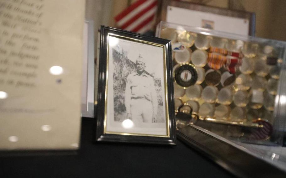 A service picture of World War II veteran Glendell Bennett during his 100th birthday celebration on Saturday, March 2, 2024, at the Embassy Suites by Hilton Lexington Green, Lexington, Ky.