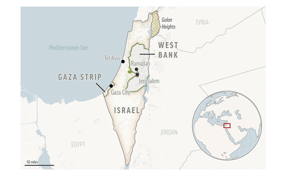 This is a locator map of Israel and the Palestinian Territories. 