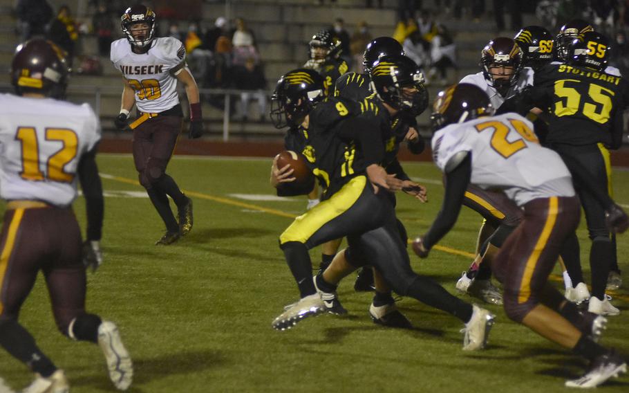 Lightning-quick Stuttgart quarterback Caiden Ray gave Vilseck problems all game by keeping the ball for large gains when he couldn't quickly find an open target. Ray's team prevailed in the DODEA-Europe Division I title game on Oct. 30, 2021, in Kaiserslautern, Germany.