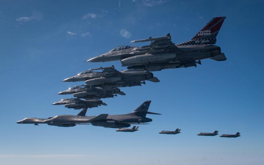 U.S. Air Force F-16s and South Korean F-35A Lightning IIs escort two U.S. B-1B  bombers entering the Korean Air Defense Identification Zone on Nov. 19, 2022.