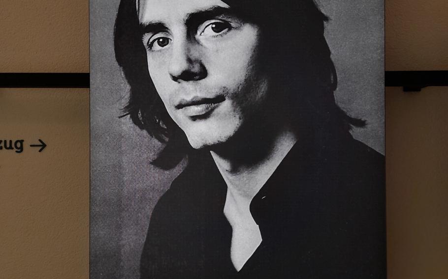 A photo of the singer Jackson Browne hangs in the Mark Twain Center's portrait gallery.