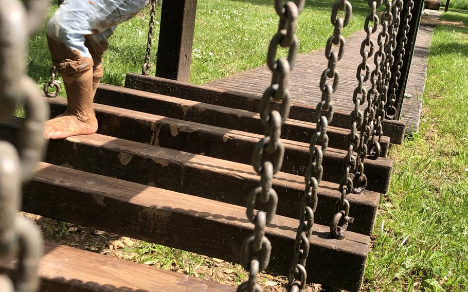 Balance beams and other obstacles challenge hikers traversing the roughly 2 miles of the loop trail at the barefoot park in Bad Sobernheim, Germany. 