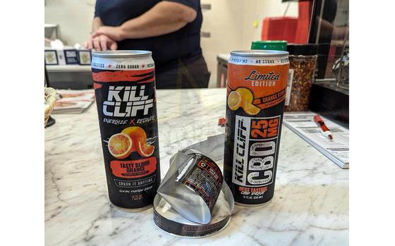 An image posted on social media of an energy drink sold at an Army and Air Force Exchange Service store had its plastic outer label removed, revealing printing from one of energy drink maker Kill Cliff's CBD products. On Oct. 7, 2023, AAFES said the drink didn't contain CBD, which is illegal for service members to use, and had been relabeled by the vendor.