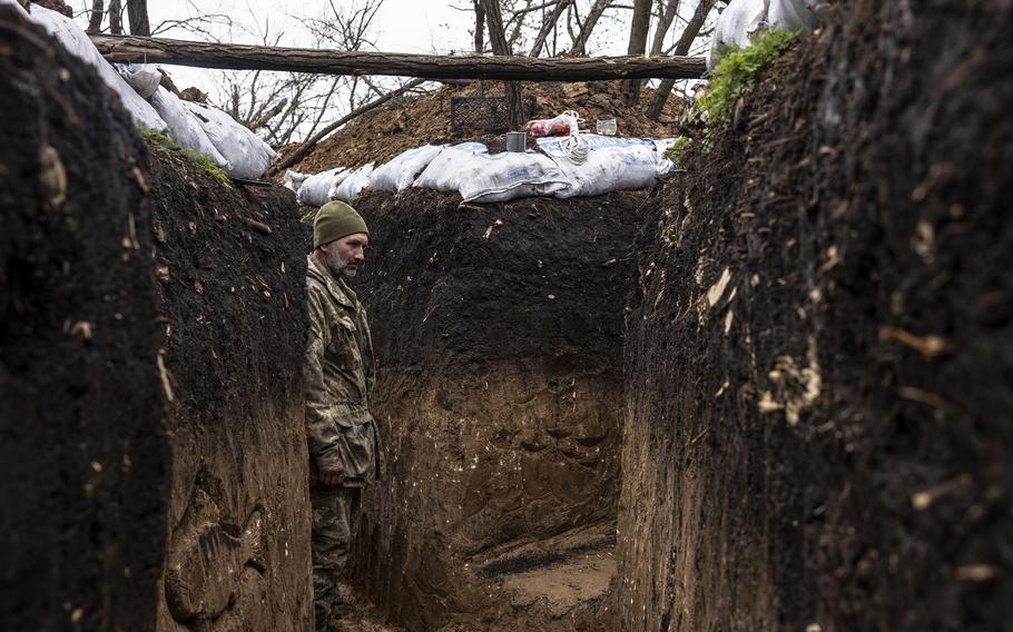 A Ukrainian soldier in a trench in the eastern Donetsk region on Friday. 