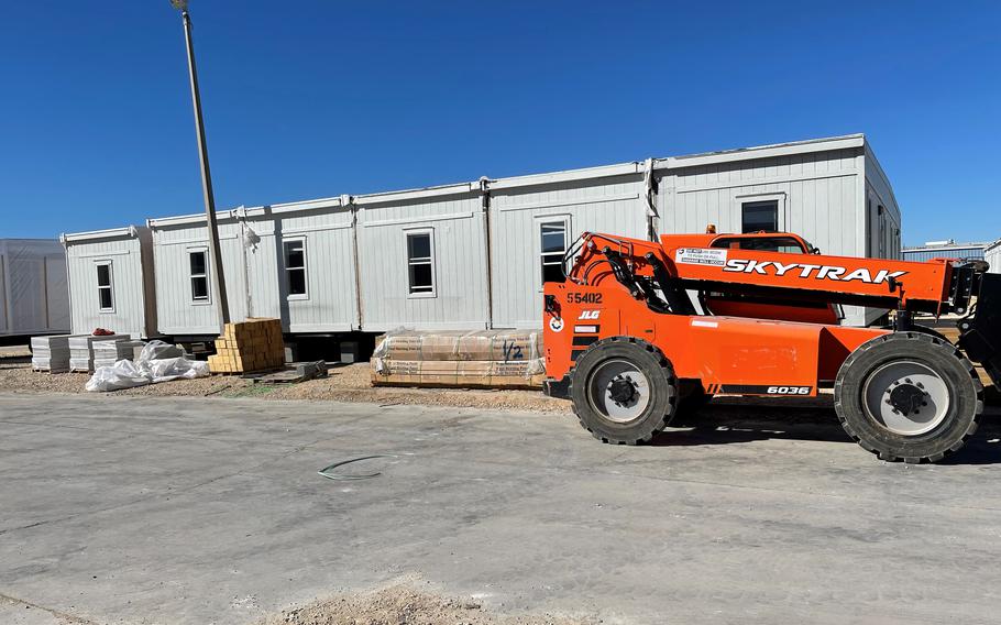 New dorms await installation at Base Camp Walker in Laredo, Texas, on Feb. 13, 2022. In the new dorms, soldiers will sleep four to a room and each has a locker for storage. 