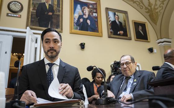 From left to right: Rep. Joaquin Castro, D-Texas, and Rep. Jerry Nadler, D-N.Y., arrive to testify before a meeting of the House Rules Committee on May 9, 2023, in Washington, DC. 
