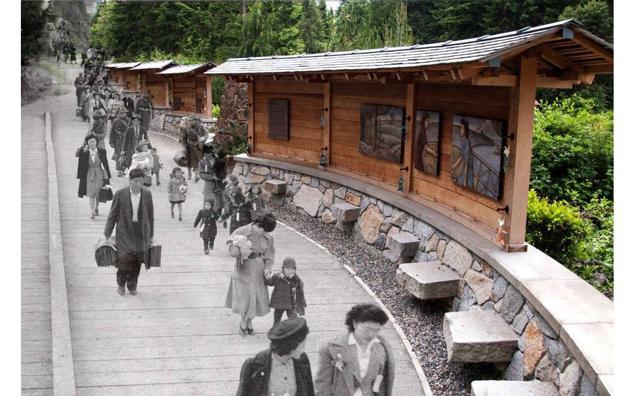 An illustration from the Bainbridge Island Japanese American Exclusion Memorial.