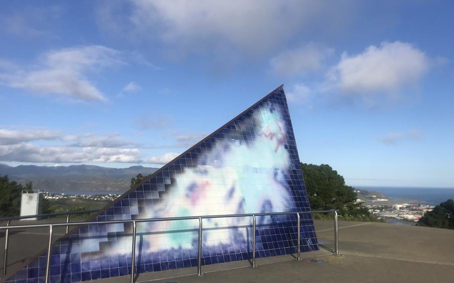 Tiles symbolizing the Aurora Australis, or Southern Lights, decorate a memorial to U.S. Navy aviator and polar explorer Rear Adm. Richard Evelyn Byrd atop Mount Victoria in Wellington, New Zealand. 