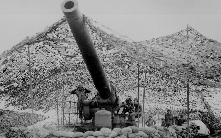 The front view of an American 240mm howitzer just before it fires into German held territory in Italy, Jan. 30, 1944.