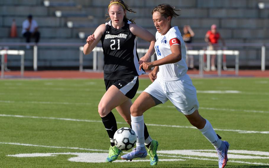 Wiesbaden’s McKinley Viers drives upfield against Stuttgart’s Anna Thompson in a Division I girls semifinal at the DODEA-Europe soccer championships in Kaiserslautern, Germany, May 18, 2022. The Panthers won 4-2 and will face Ramstein in the championship game.
