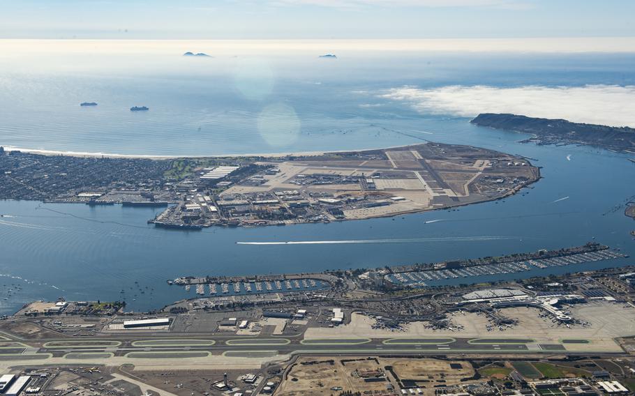 A 2021 aerial photo shows Naval Air Station North Island in San Diego, Calif. 