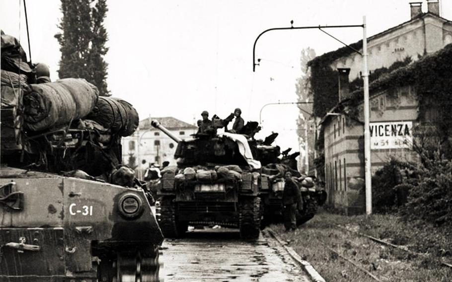 American tanks roll into Vicenza, Italy, after units captured the town from Axis forces April 28, 1945. The Battle of Vicenza, ending just 11 days before the Allies declared victory in Europe, involved soldiers from the 752nd Tank Battalion and the 88th Infantry Division.