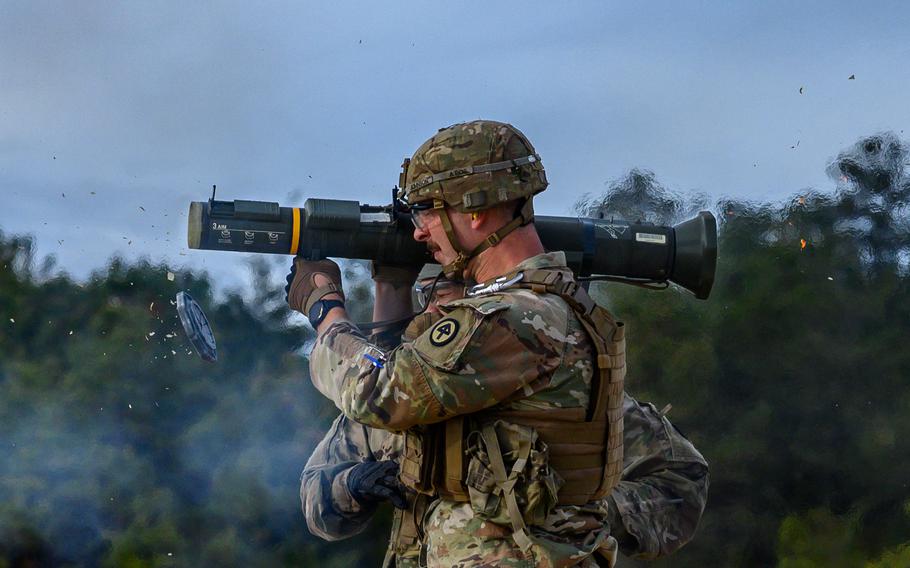 Soldiers fire the M136 AT4 at Joint Base McGuire-Dix-Lakehurst, N.J., on Nov. 17, 2023. The AT4 is a 84mm, disposable, shoulder-fired recoilless unguided anti-tank weapon. 