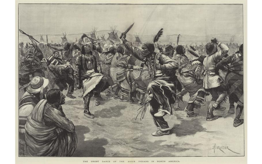 An 1891 painting called the Ghost Dance of the Sioux Indians in North America by Amédée Forestier (1854-1940).
