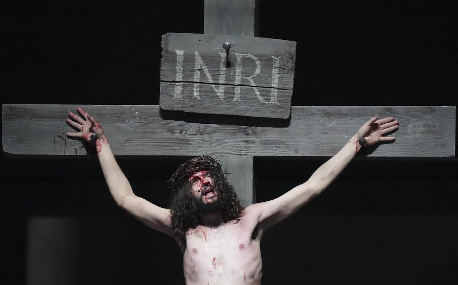 Rochus Rueckel as Jesus performs during the rehearsal of the 42nd Passion Play in Oberammergau, Germany, Wednesday, May 4, 2022.