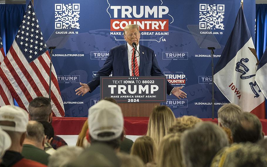 Donald Trump speaks at a campaign rally in Newton, Iowa, on Jan. 6, 2023.