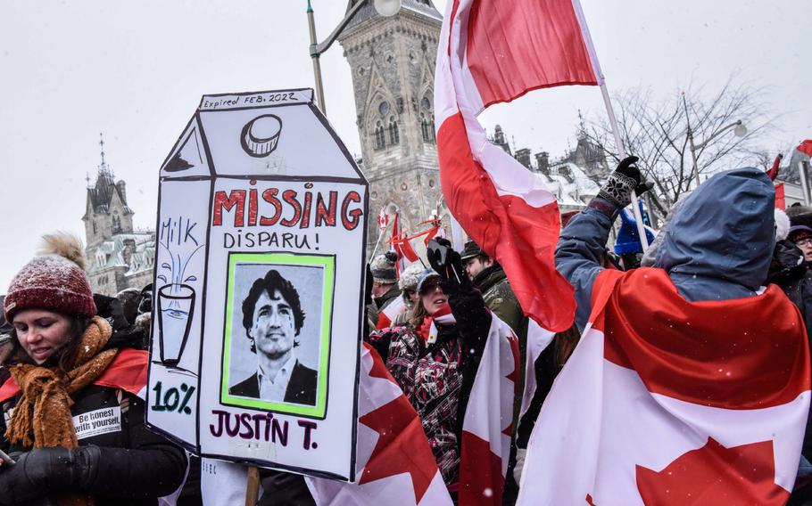 Protesters are seen during a demonstration near Parliament Hill in Ottawa, Ontario, Canada, on Feb. 12, 2022. 