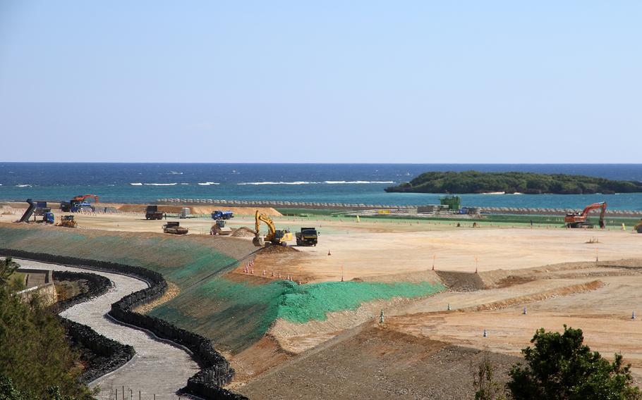 Work continues on a Marine Corps runway into Oura Bay at Camp Schwab, Okinawa, Nov. 16, 2023.