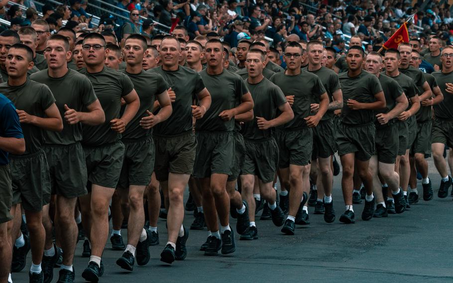 New Marines conduct a motivational run at Marine Corps Recruit Depot in San Diego on Aug. 31, 2023. The motivational run is the last physical training exercise Marines conduct while at the depot. 
