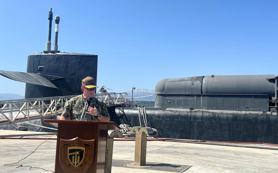 Capt. Geoffry Patterson speaks to his sailors after taking command of the guided-missile submarine USS Georgia's blue crew in Souda Bay, Crete, May 28, 2022.
