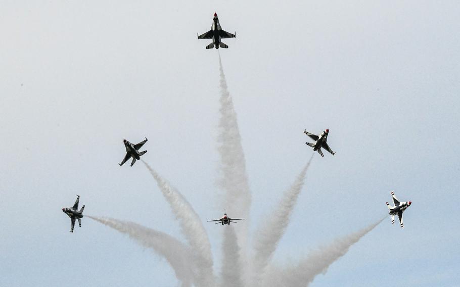The Air Force Thunderbirds perform Oct. 21, 2023, at Thunder Over the Rock at Little Rock Air Force Base in Jacksonville, Ark.