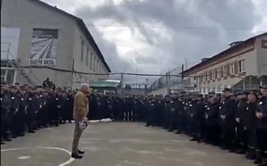 A screenshot from a video of Wagner Group leader Yevgeny Prigozhin at a Russian prison, where he was offering prisoners release if they were willing to serve six months in Ukraine. The Wagner Group has close ties to the Kremlin.
