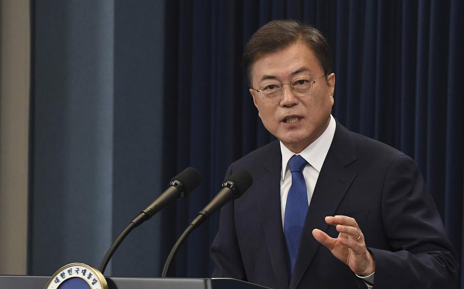 South Korean President Moon Jae-in speaks on May 10, 2020, in Seoul. 