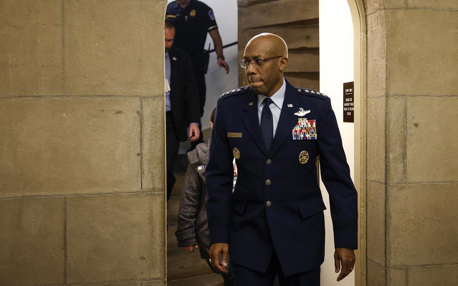 Chairman of the Joint Chiefs of Staff Gen. Charles “CQ” Brown leaves the office of U.S. Speaker of the House Mike Johnson, R-La., in the U.S. Capitol Building on Nov. 1, 2023, in Washington.